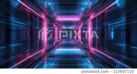 Vibrant tunnel of neon lights with futuristic design and dynamic energy in an abstract digital space 123687110