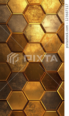 Textured golden hexagonal tiles create an elegant and luxurious design in a modern interior setting 123687117