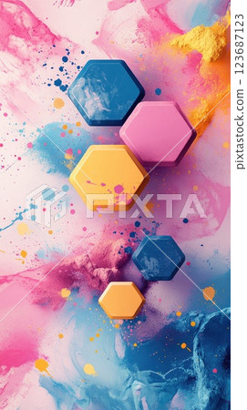 Colorful abstract design featuring hexagonal shapes on a vibrant background of pink and blue splashes 123687123
