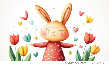 Cute bunny surrounded by hearts and colorful flowers, symbolizing love and joy, perfect for celebrating spring or Valentine's Day Cute bunny surrounded by hearts and colorful flowers, symbolizing love and joy, perfect for celebrating spring or Valentine's Day 123687126