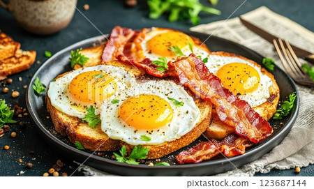 Delicious breakfast plate featuring sunny side up eggs and crispy bacon on toasted bread with fresh herbs 123687144