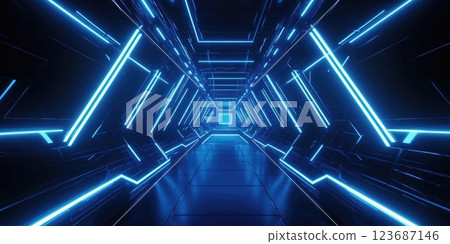 Futuristic hallway with glowing blue lights and geometric patterns in a digital environment 123687146