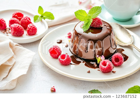 Delicious chocolate dessert served with fresh raspberries and mint leaves on a plate Delicious chocolate dessert served with fresh raspberries and mint leaves on a plate 123687152