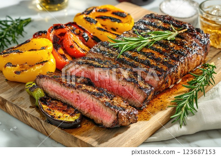 Grilled steak served with colorful peppers on a wooden cutting board in a cozy kitchen setting Grilled steak served with colorful peppers on a wooden cutting board in a cozy kitchen setting 123687153