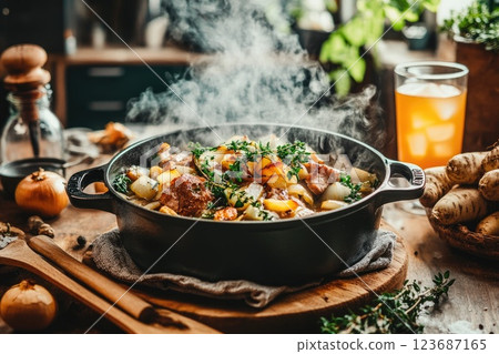 Savory stew simmering in a cast iron pot surrounded by fresh vegetables and herbs on a rustic wooden table 123687165