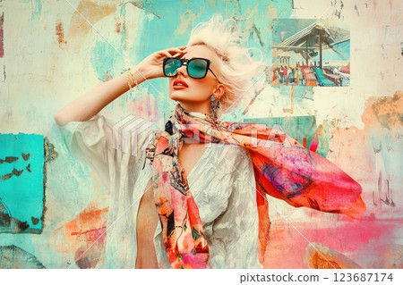 Woman wearing sunglasses and vibrant scarf poses confidently against a colorful backdrop in a stylish urban setting 123687174