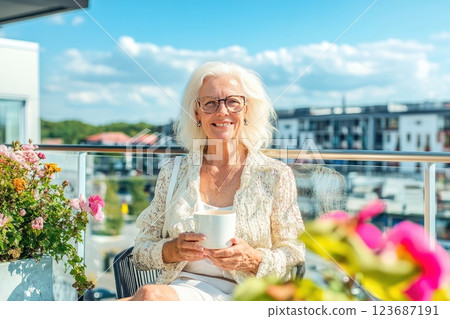 Senior woman enjoying coffee on a sunny balcony surrounded by flowers in a vibrant urban setting 123687191