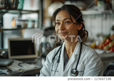 Skilled healthcare professional engages in warm conversation in a vibrant clinic setting 123687196