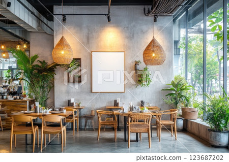 Modern dining area with natural decor and bright window views in urban cafe setting Modern dining area with natural decor and bright window views in urban cafe setting 123687202