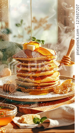 Stacked pancakes topped with butter and syrup served in a cozy breakfast setting during the morning 123687207