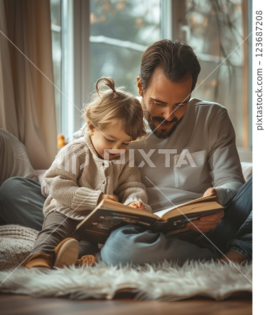 Father and child enjoy reading together in a cozy indoor setting during the afternoon 123687208