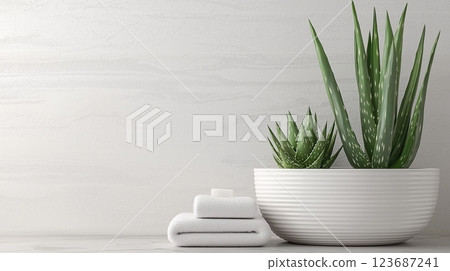 Aloe vera plants in white pot with towels on textured surface 123687241