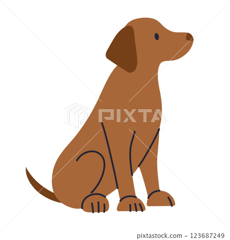 Vector illustration of sitting brown dog, Labrador Retriever or Vizsla. Simple and minimal pet design, ideal for concepts of obedience, loyalty, adoption, and companionship. Flat cartoon style 123687249