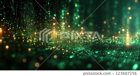 Digital abstract landscape with glowing particles and data streams in vibrant green and gold tones Digital abstract landscape with glowing particles and data streams in vibrant green and gold tones 123687256