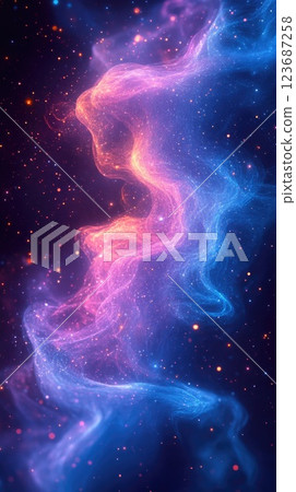 Colorful cosmic nebula swirling in deep space with vibrant hues and sparkling stars 123687258