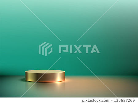 luxury gold cylindrical podium on teal green gradient background, 3d product display mockup, modern showcase concept luxury gold cylindrical podium on teal green gradient background, 3d product display mockup, modern showcase concept 123687269