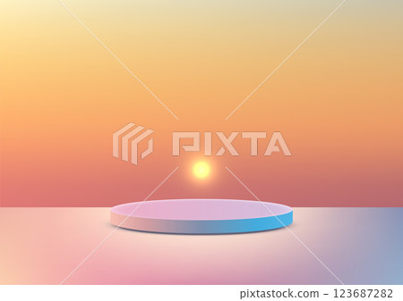 minimalist 3d round platform with gradient sunset backdrop, serene abstract nature concept for product display and mockup 123687282