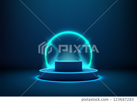 futuristic glowing blue cylindrical podium with neon ring and smoke, technology concept, product display mockup futuristic glowing blue cylindrical podium with neon ring and smoke, technology concept, product display mockup 123687283