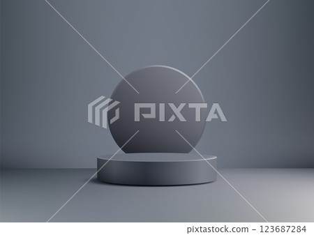 minimalist gray cylindrical podium with circular backdrop, modern product display mockup for showcase minimalist gray cylindrical podium with circular backdrop, modern product display mockup for showcase 123687284