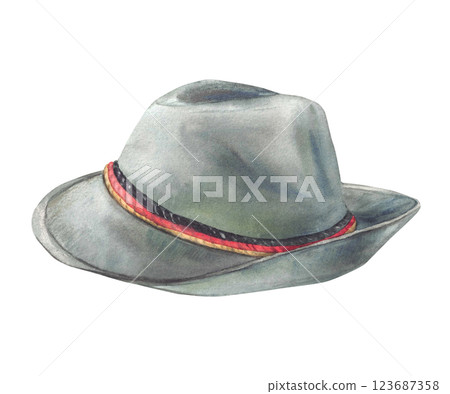 Mens Hat with three ribbons color of German flag gold, red, black strips. Watercolor painted illustration isolated from background. Headwear on Oktoberfest festival, traditional Bavarian costume. Mens Hat with three ribbons color of German flag gold, red, black strips. Watercolor painted illustration isolated from background. Headwear on Oktoberfest festival, traditional Bavarian costume. 123687358