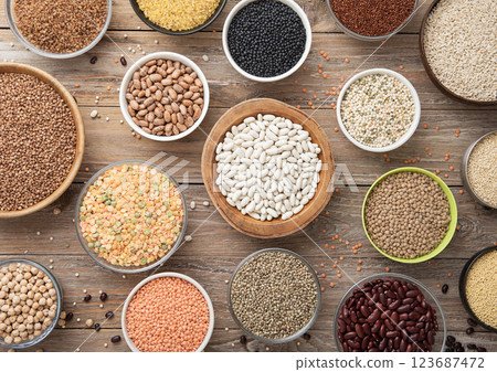 Bulgur,beans,quinoa,pea,couscous and hemp with chickpea and buckwheat seeds in various bowl plates  123687472