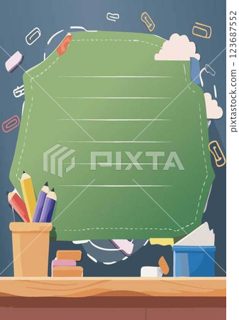 Illustration of memo paper and stationery pasted on a blackboard 123687552