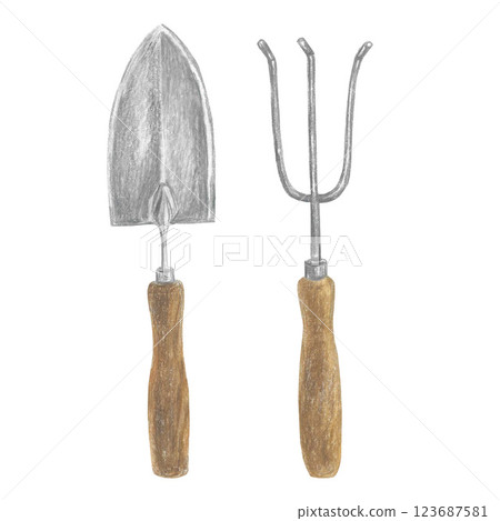 Set of hand-drawn isolated gardening tools on a white background. Shovel, rake. Colored pencils illustration for design 123687581