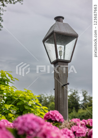A rustic wooden lamp post with a weathered glass lantern stands against a cloudy sky. Pink hydrangea flowers bloom in the foreground, while lush green foliage fills the background. A rustic wooden lamp post with a weathered glass lantern stands against a cloudy sky. Pink hydrangea flowers bloom in the foreground, while lush green foliage fills the background. 123687663