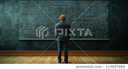 man in suit contemplates chalkboard filled with complex equations man in suit contemplates chalkboard filled with complex equations 123687669