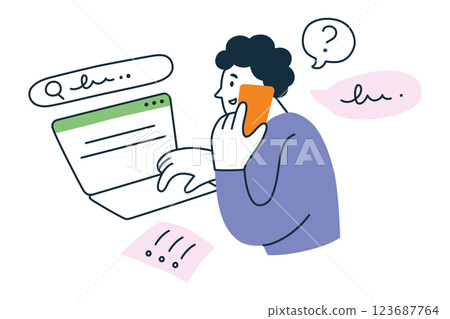 Vector illustration of man working on laptop, searching for information in internet while making phone call. Flat cartoon character, multitasking, research, and active work with a to-do list 123687764