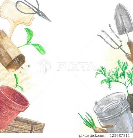 Banner template with hand-drawn garden elements. Watering can, tulip bulb, plant, shovel, rake, seedling, flower pot. Colored pencils illustration for design Banner template with hand-drawn garden elements. Watering can, tulip bulb, plant, shovel, rake, seedling, flower pot. Colored pencils illustration for design 123687811