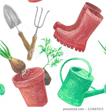 Pattern with hand-drawn garden elements. Watering can, tulip bulb, plant, rubber boots, shovel, rake, seedling, flower pot. Colored pencils illustration for design Pattern with hand-drawn garden elements. Watering can, tulip bulb, plant, rubber boots, shovel, rake, seedling, flower pot. Colored pencils illustration for design 123687815