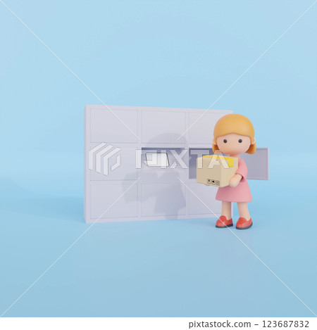 3DCG | A young woman receiving a package at a delivery locker 3DCG | A young woman receiving a package at a delivery locker 123687832