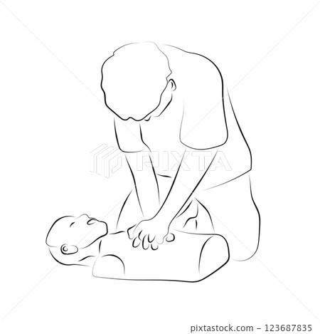man performing CPR Cardiopulmonary resuscitation on mannequin illustration vector hand drawn with black lines isolated on white background. 123687835