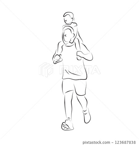 son riding on his father neck during exercise illustration vector hand drawn with black lines isolated on white background. son riding on his father neck during exercise illustration vector hand drawn with black lines isolated on white background. 123687838