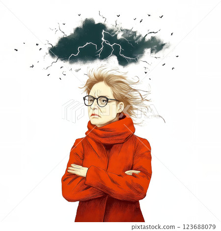 Grumpy woman facing problems symbolized by storm cloud and lightning Grumpy woman facing problems symbolized by storm cloud and lightning 123688079