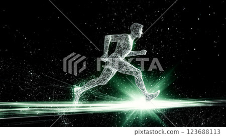 Wireframe athlete running in digital space with green light trails Wireframe athlete running in digital space with green light trails 123688113