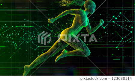 Wireframe woman running in cyberspace with futuristic green and yellow particles 123688114