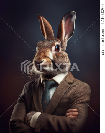 一隻穿著西裝、交叉雙臂的兔子 一隻穿著西裝、交叉雙臂的兔子 123688266