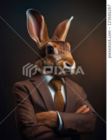 一隻穿著西裝、交叉雙臂的兔子 一隻穿著西裝、交叉雙臂的兔子 123688267