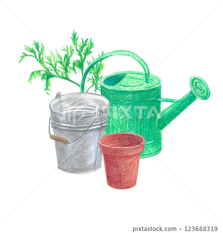 Hand-drawn garden elements. Watering can, bucket, plant, flower pot. Colored pencils illustration for design Hand-drawn garden elements. Watering can, bucket, plant, flower pot. Colored pencils illustration for design 123688319
