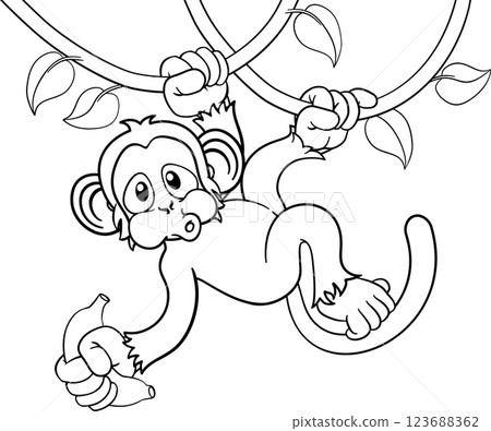 Monkey Singing On Jungle Vines With Banana Cartoon Monkey Singing On Jungle Vines With Banana Cartoon 123688362