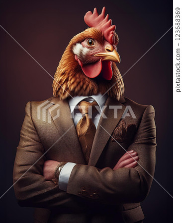 一隻穿著西裝,雙手交叉的雞 一隻穿著西裝,雙手交叉的雞 123688369
