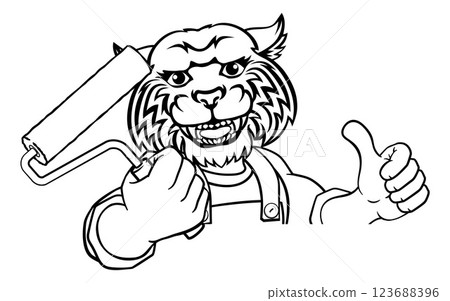Wildcat Painter Decorator Paint Roller Mascot Man Wildcat Painter Decorator Paint Roller Mascot Man 123688396
