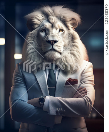 一隻穿著西裝、交叉雙臂的獅子 123688570