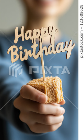 person holding cake with laser cut wood topper saying Happy Birthday 123688629