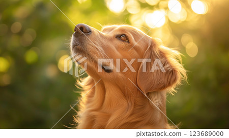 A golden retriever gazes into the distance with soft sunlight filtering through the trees, creating a warm and peaceful scene. 123689000