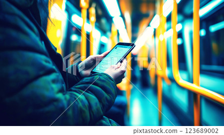A commuter browses their smartphone while riding a subway train, surrounded by yellow handrails in a modern transit setting. 123689002