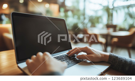 A person using a laptop in a cafe faces a No Internet connection error, highlighting WiFi issues and connectivity problems. A person using a laptop in a cafe faces a No Internet connection error, highlighting WiFi issues and connectivity problems. 123689104