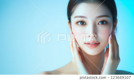 皮膚白皙、年輕美麗的亞洲女模特兒的美容肖像。她雙手托著臉頰擺出這樣的姿勢。 123689107